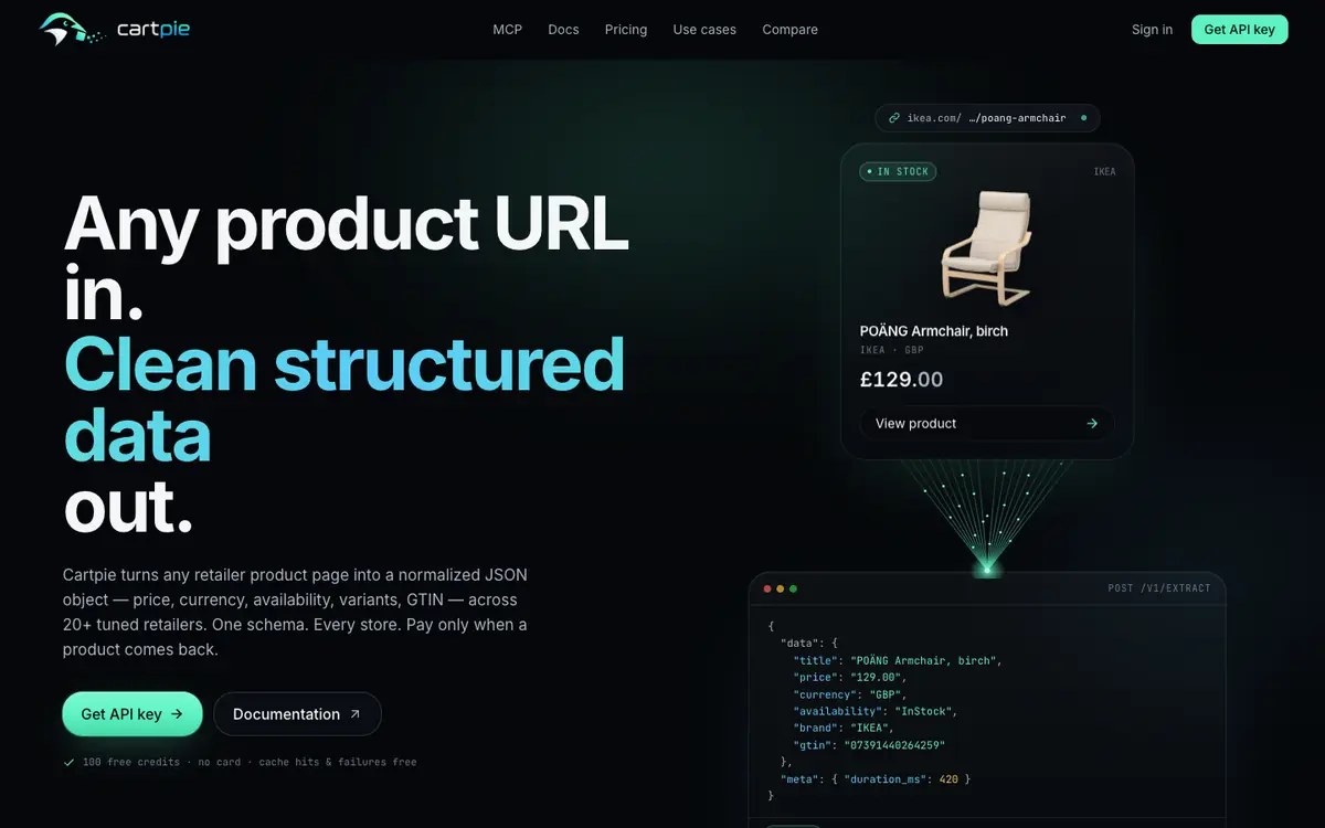 Cartpie homepage: any product URL in, clean structured data out
